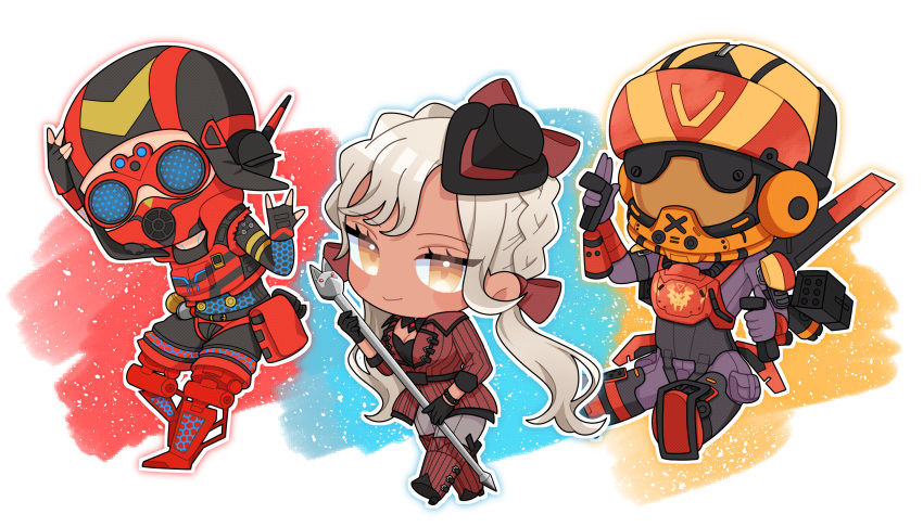 1boy 2girls \m/ absurdres animification apex_legends assault_visor birthright_valkyrie black_gloves black_headwear bootlegger_loba boots bow breasts brown_eyes chibi cleavage dark-skinned_female dark_skin finger_gun fingerless_gloves gloves goggles hair_behind_ear hairbow head-mounted_display head_tilt helmet highres holding holding_staff jacket loba_(apex_legends) looking_at_viewer mechanical_legs mechanical_wings missile_pod multiple_girls natori_nato octane_(apex_legends) red_bow red_footwear red_jacket red_vest smile staff valkyrie_(apex_legends) vest white_hair wings