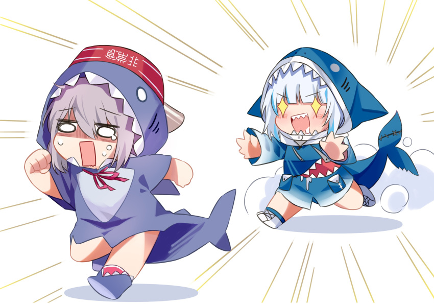 2girls absurdres alternate_costume animal_costume animal_hood bloop_(gawr_gura) bloop_(gawr_gura)_(cosplay) blue_hair blue_hoodie chasing chibi commission cosplay crossover drooling fins fish_tail fleeing gawr_gura gawr_gura_(1st_costume) girls'_frontline grey_hair hair_between_eyes hat highres hololive hololive_english hood hoodie long_sleeves m200_(girls'_frontline) multicolored_hair multiple_girls open_mouth outstretched_arms running scared second-party_source shaded_face shark_costume shark_hood shark_tail sharp_teeth short_hair simple_background smoke_trail sparkling_eyes streaked_hair tail teardrop tears teeth virtual_youtuber white_background yuutama2804