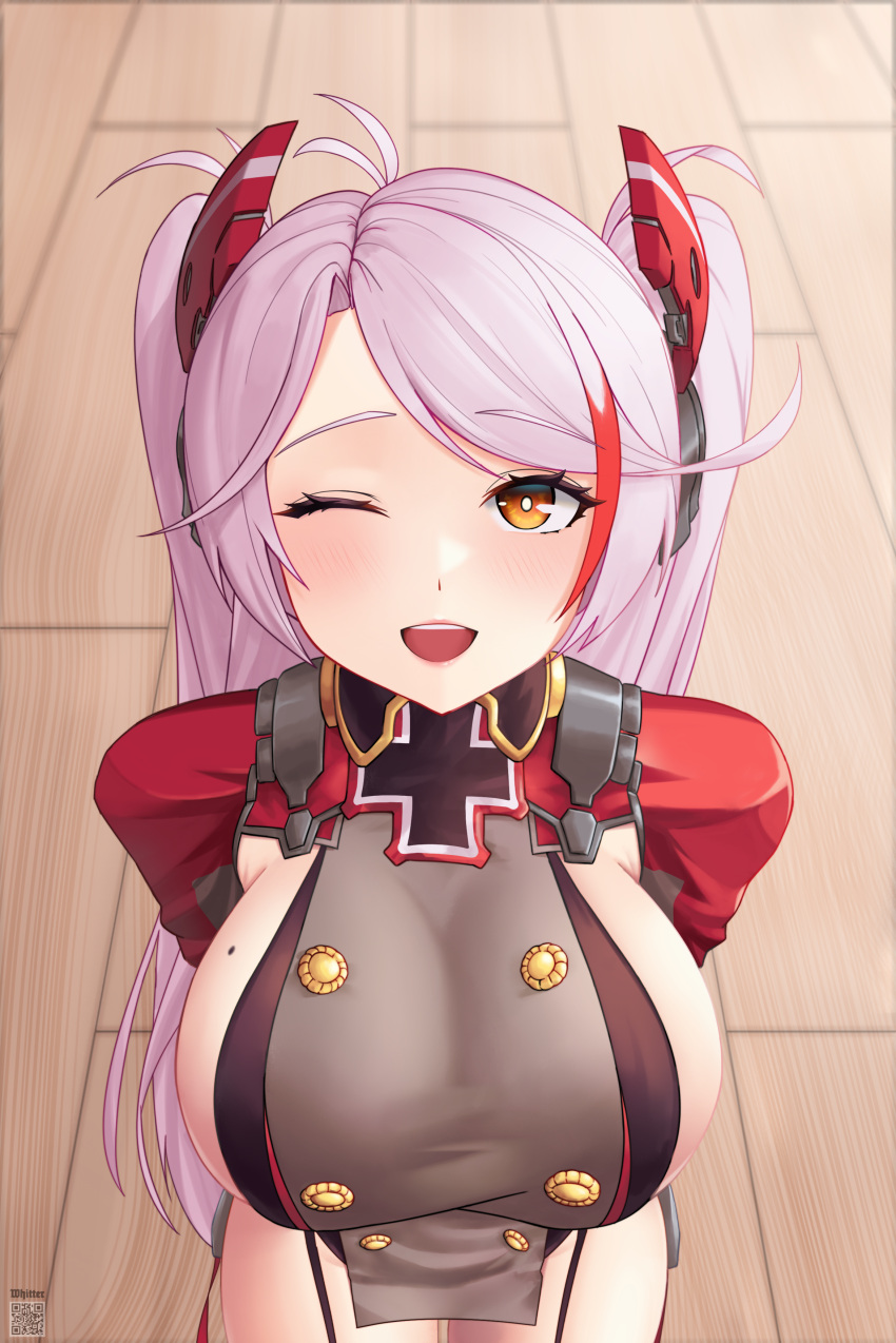 ;d absurdres azur_lane breasts buttons closed_eyes commentary double-breasted english_commentary female highres large_breasts looking_at_viewer mole mole_on_breast multicolored_hair one_eye_closed open_mouth prinz_eugen_(azur_lane) red_hair sideboob smile upper_body white_hair whitter