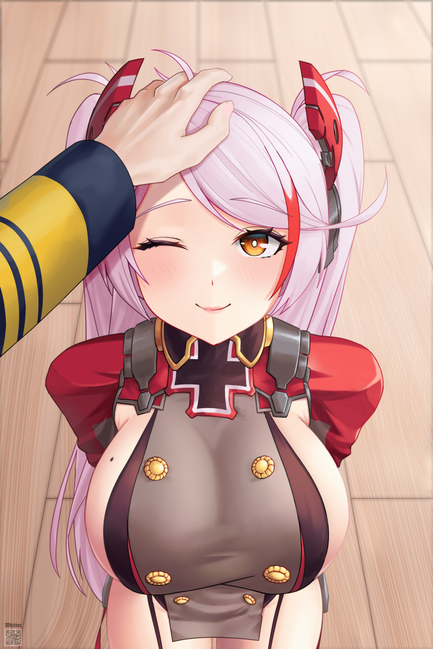 ;) absurdres azur_lane breasts buttons commander_(azur_lane) commentary double-breasted english_commentary female headpat highres large_breasts looking_at_viewer mole mole_on_breast multicolored_hair one_eye_closed pov prinz_eugen_(azur_lane) red_hair sideboob smile upper_body white_hair whitter