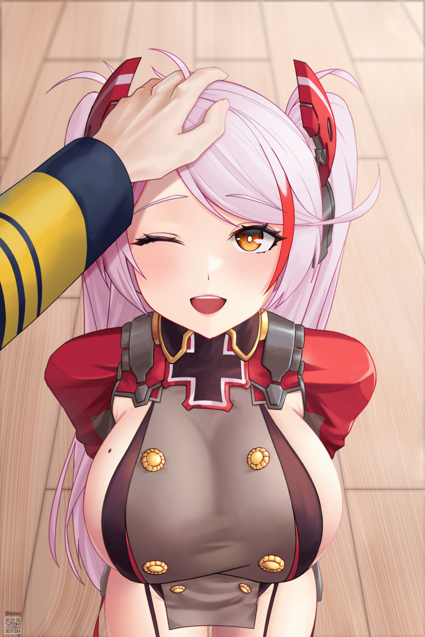 ;d absurdres azur_lane breasts buttons commander_(azur_lane) commentary double-breasted english_commentary female headpat highres large_breasts looking_at_viewer mole mole_on_breast multicolored_hair one_eye_closed open_mouth pov prinz_eugen_(azur_lane) red_hair sideboob smile upper_body white_hair whitter