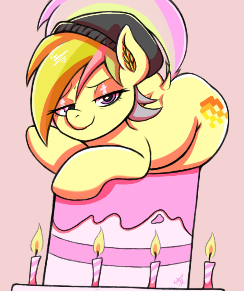 ass beanie bedroom_eyes blonde_hair cake candle clothing cutie_mark dessert digital_media_(artwork) earth_pony equid equine female feral food friendship_is_magic fur hair hasbro hat headgear headwear hi_res highlights_(coloring) hooves horse lit_candle looking_at_viewer mammal multicolored_hair my_little_pony narrowed_eyes orange_eyeshadow pink_hair pink_highlights pony purple_eyes rear_view scarletrabbits seductive simple_background smile solo two_tone_hair wide_hips yellow_body yellow_fur