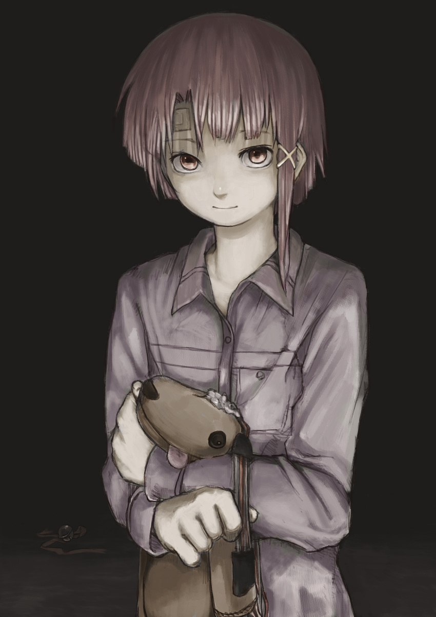 absurdres asymmetrical_hair brown_hair closed_mouth commentary female hair_ornament hairclip highres iwakura_lain looking_at_viewer serial_experiments_lain short_hair simple_background smile solo yasu_(shijimi_8)