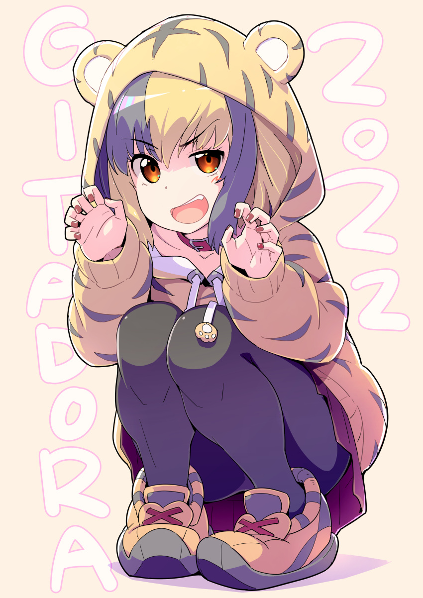 2022 absurdres akata_itsuki animal_collar animal_hood animal_print asaba_rio black_hair black_pantyhose blonde_hair chinese_zodiac claw_pose collar commentary_request female gitadora highres hood hood_up hoodie looking_at_viewer miniskirt multicolored_hair new_year open_mouth orange_eyes orange_hoodie pantyhose partial_commentary pleated_skirt print_hoodie red_collar red_skirt shadow shoes skirt smile sneakers solo squatting tiger_hood tiger_print two-tone_hair year_of_the_tiger yellow_footwear