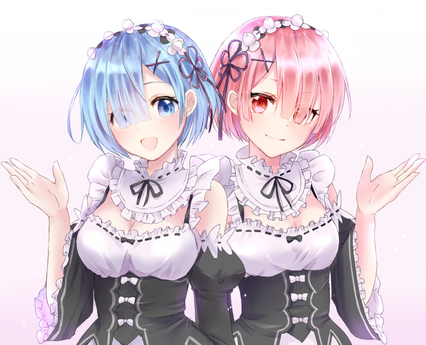 2girls :d black_ribbon black_sleeves blue_eyes blue_hair bow breasts chii_(sbshop) cleavage closed_mouth detached_collar eyes_visible_through_hair flower frilled_sleeves frills hair_flower hair_ornament hair_ribbon head_wreath highres long_sleeves looking_at_viewer medium_breasts multiple_girls neck_ribbon open_mouth pink_hair purple_ribbon ram_(re:zero) re:zero_kara_hajimeru_isekai_seikatsu red_eyes rem_(re:zero) ribbon roswaal_mansion_maid_uniform short_hair siblings simple_background sisters small_breasts smile standing underbust upper_body white_background white_bow white_flower x_hair_ornament