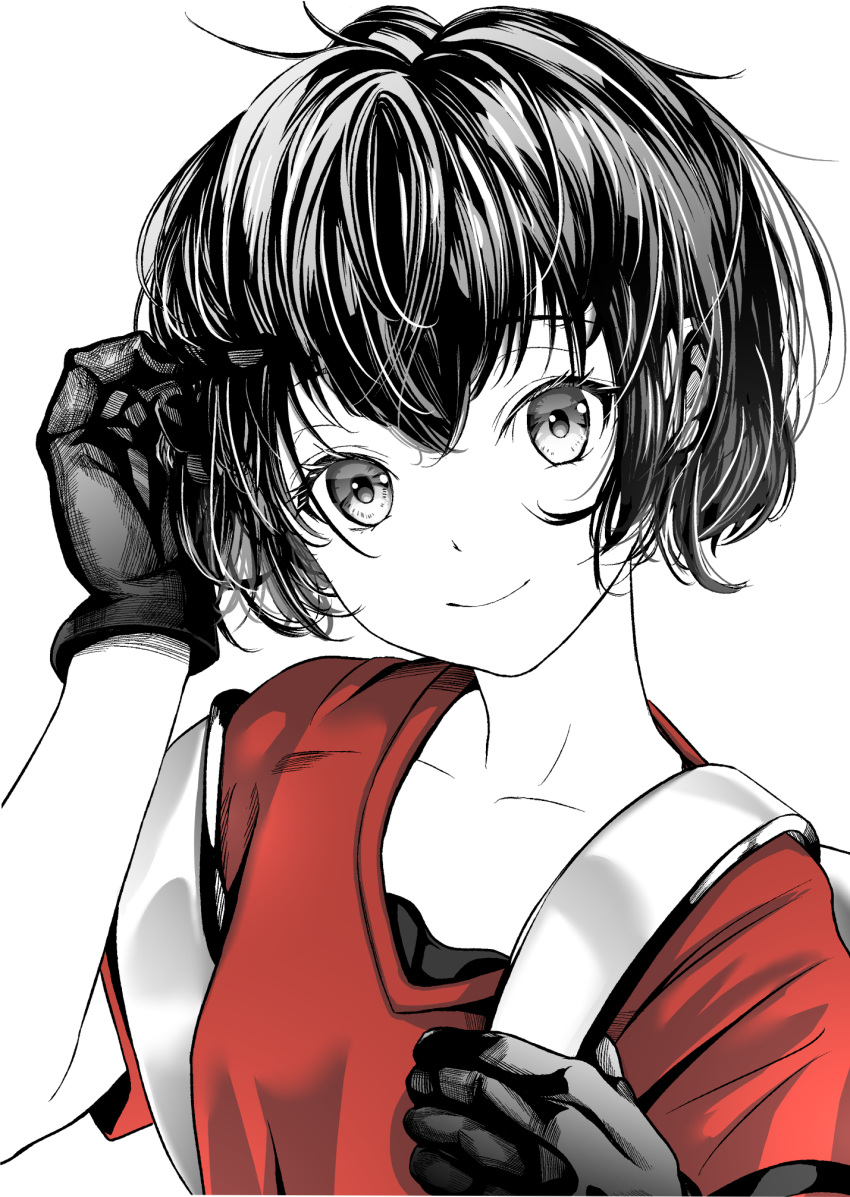 akegata_tobari closed_mouth commentary_request female gloves hand_in_own_hair high_contrast highres kaban_(kemono_friends) kemono_friends looking_at_viewer monochrome partially_colored red_shirt shirt short_hair short_sleeves smile solo upper_body wavy_hair