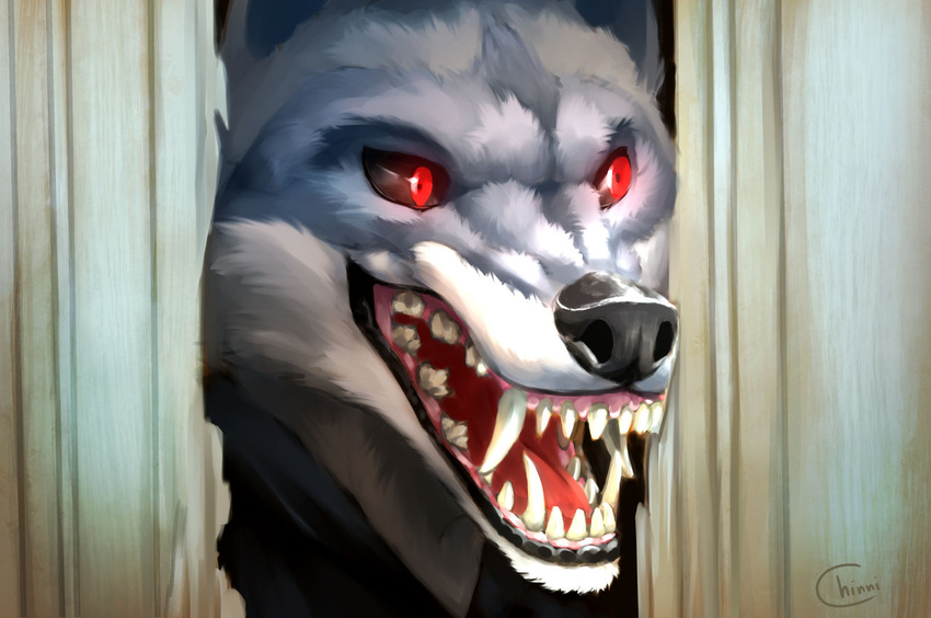 2023 anthro canid canine canis chinni2d clothed clothing death_(puss_in_boots) fangs here's_johnny_(meme) humor male mammal meme open_mouth red_eyes sharp_teeth signature smile solo stephen_king_(copyright) teeth the_shining wolf