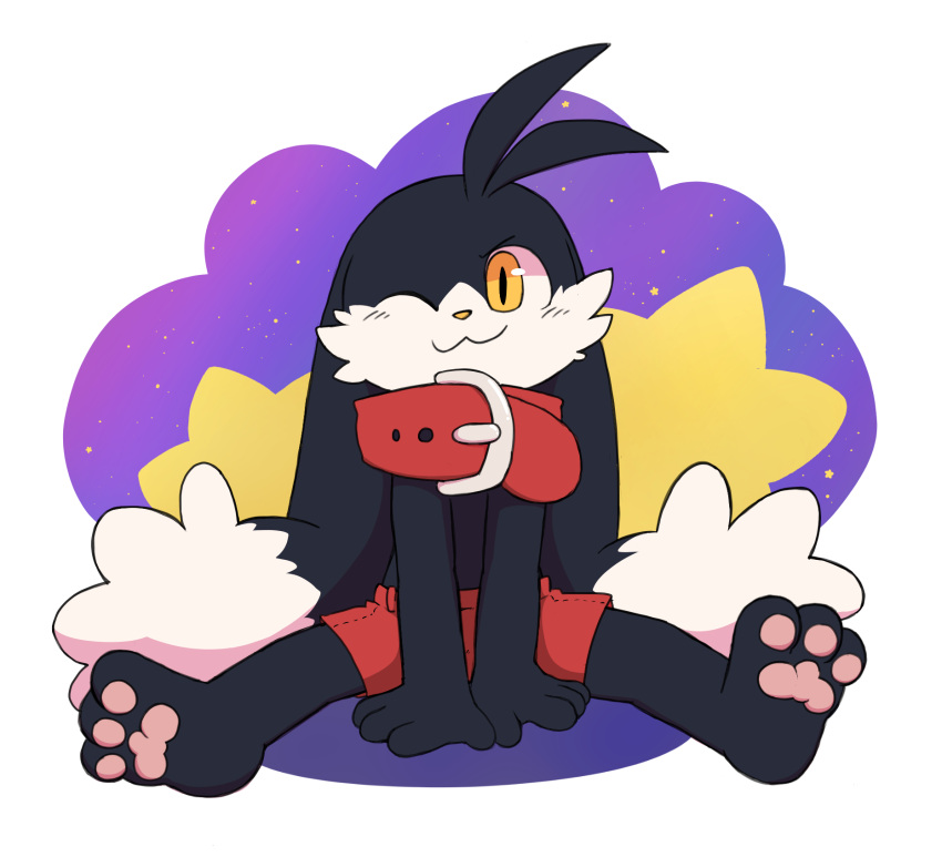 2022 3_toes :3 abstract_background anthro bandai_namco barefoot big_collar black_body black_fur clothed clothing collar collar_over_shoulder digital_media_(artwork) domestic_cat feet felid feline felis fur hi_res klonoa klonoa_(series) male mammal one_eye_closed oob oversized_collar pawpads pink_pawpads plantigrade sitting soles solo toes toony topless yellow_eyes young