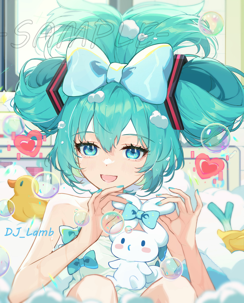 :d aqua_bow aqua_eyes aqua_hair aqua_nails artist_name bare_shoulders bathing bathtub blue_bow bow bubble cinnamiku cinnamoroll collarbone commentary_request creature crossover dj_lamb female fuwa_fuwa_cinnamoroll hairbow hatsune_miku heart highres indoors light_blush long_hair looking_at_viewer naked_towel open_mouth rubber_duck sample_watermark sanrio sitting smile solo spring_onion towel updo vocaloid watermark wet wet_hair