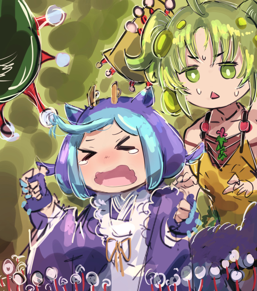 >_< 2girls ahoge apron blue_hair closed_eyes crying dragon_girl dragon_horns duel_monster green_eyes green_hair hatano_kiyoshi highres horns injury laundry_dragonmaid maid maid_apron multiple_girls nectar traptrix_sera twintails wa_maid yu-gi-oh!