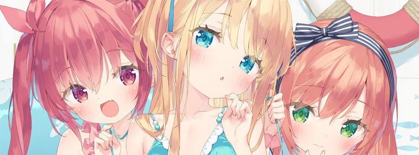 3girls :d ahoge bare_shoulders bikini black_hairband blonde_hair blue_bikini blue_eyes blush bow brown_hair chestnut_mouth closed_mouth collarbone commentary_request frilled_bikini frills hair_between_eyes hair_ribbon hairband hand_up hazuki_watora kani_biimu lifebuoy long_hair minazuki_sarami multiple_girls original parted_lips pink_ribbon pink_scrunchie portrait red_eyes red_hair ribbon scrunchie shimotsuki_potofu smile striped_bow striped_clothes striped_hairband swim_ring swimsuit twintails wavy_mouth wrist_scrunchie