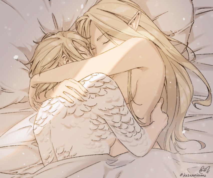 2girls arms_around_neck blonde_hair breasts closed_mouth commentary cuddling dungeon_meshi elf falin_touden falin_touden_(tallman) highres kazenoisumi light_particles long_hair marcille_donato medium_breasts messy_hair multiple_girls nude pillow pointy_ears twitter_username under_covers upper_body yuri