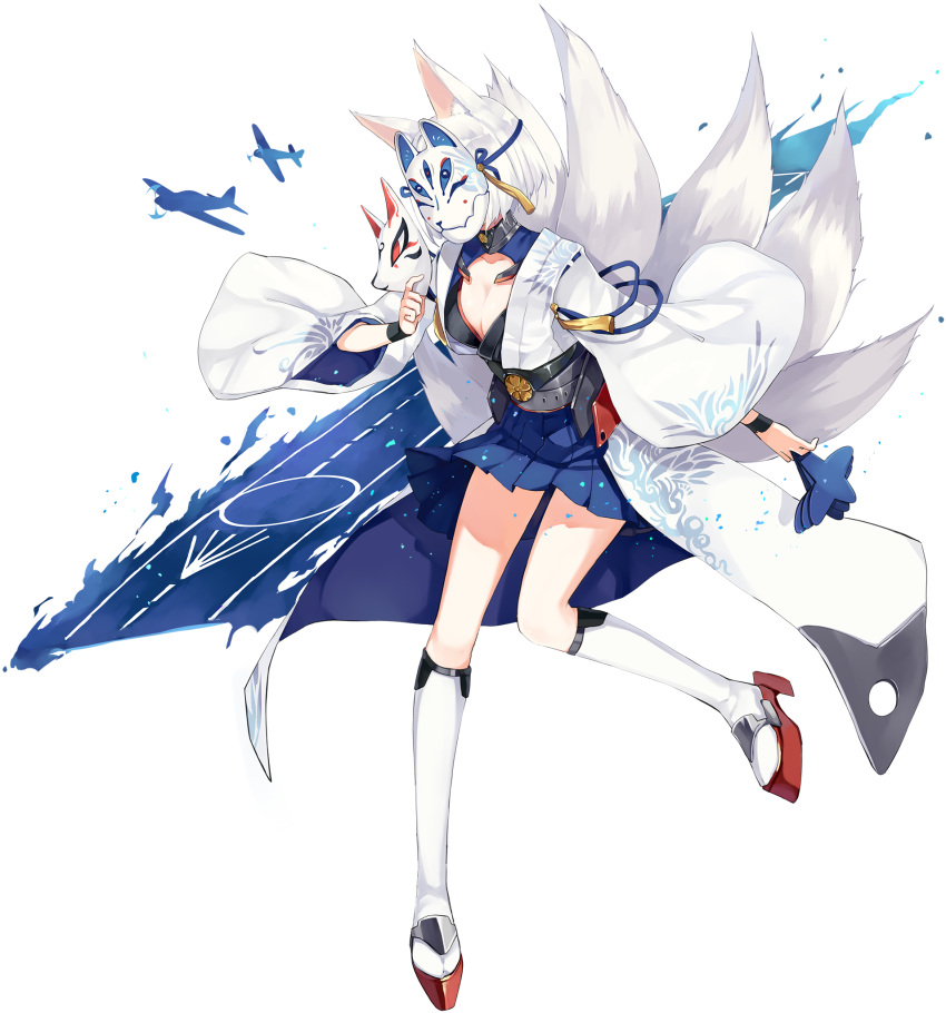 animal_ears azur_lane breasts cleavage female flight_deck fox_ears fox_mask fox_tail full_body hakama hakama_short_skirt hakama_skirt hao_(patinnko) highres holding japanese_clothes kaga_(azur_lane) large_breasts mask masked multiple_tails non-web_source official_art shikigami short_hair simple_background skirt smile solo tachi-e tail transparent_background white_hair