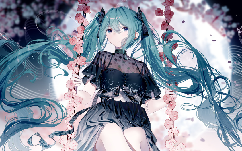 aqua_hair atha_(leejuiping) blue_eyes breasts cherry_blossoms female hair_between_eyes hatsune_miku highres long_hair looking_at_viewer medium_breasts pleated_skirt see-through see-through_shirt shirt skirt solo swing twintails vocaloid