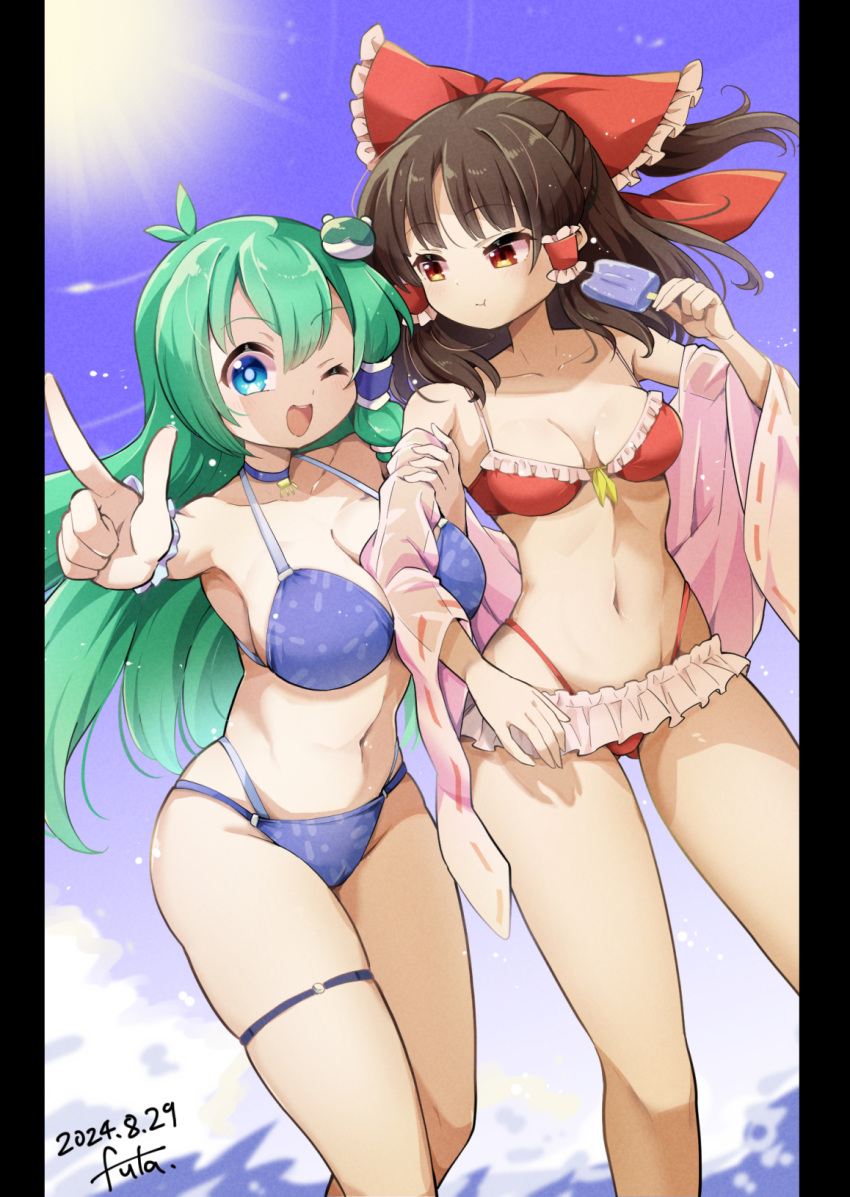 2girls arm_between_breasts between_breasts bikini blue_bikini blue_eyes blue_sky bow breasts brown_hair cleavage closed_mouth commentary_request dated day detached_sleeves eating food frilled_bikini frilled_bow frilled_hair_tubes frills frog_hair_ornament futa_(nabezoko) green_hair hair_ornament hair_tubes hairbow hakurei_reimu highres holding holding_another's_arm holding_food holding_popsicle kochiya_sanae long_hair looking_at_another midriff multiple_girls navel ocean one_eye_closed open_mouth pointing popsicle red_bikini red_bow red_eyes signature sky smile sun swimsuit thigh_strap thighs touhou very_long_hair water