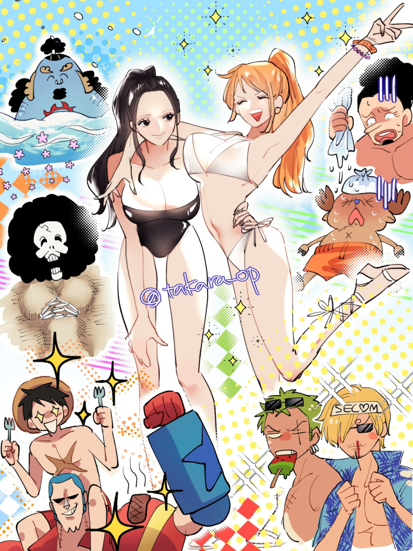 arm_tattoo bikini brook_(one_piece) curly_eyebrows earrings food franky_(one_piece) hat highres hug ice jewelry long_hair long_nose monkey_d._luffy nami_(one_piece) navel nico_robin one_piece orange_hair pearl_earrings ponytail roronoa_zoro sanji_(one_piece) shoulder_tattoo straw_hat straw_hat_pirates swimsuit takara_op tattoo tony_tony_chopper usopp water