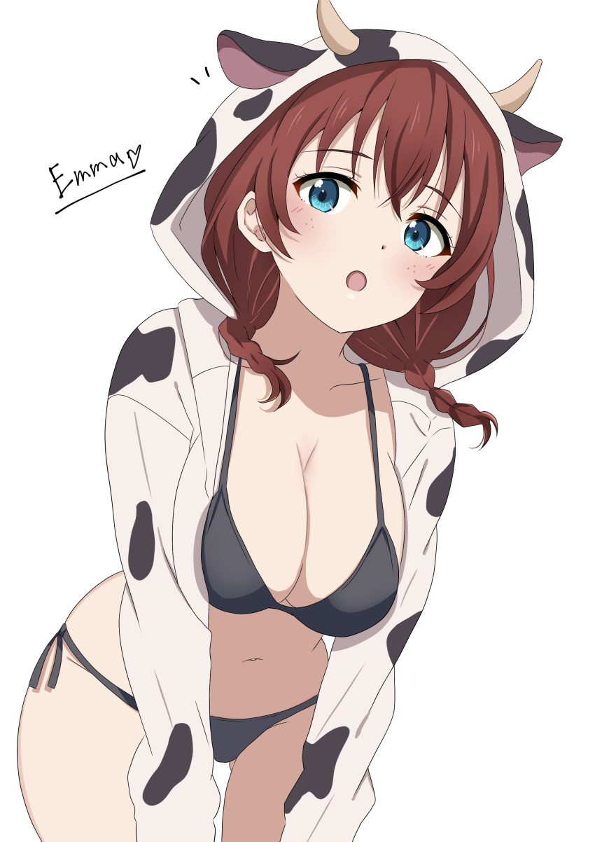 absurdres animal_ears animal_print aqua_eyes bikini black_bikini blush braid breasts brown_hair character_name commentary_request cow_ears cow_hood cow_horns cow_print emma_verde fake_animal_ears fake_horns female freckles highres hood hooded_jacket horns ikesho0612 jacket large_breasts long_hair love_live! love_live!_nijigasaki_high_school_idol_club navel no_pants open_clothes open_jacket open_mouth revision side-tie_bikini_bottom simple_background solo swimsuit twin_braids white_background white_jacket