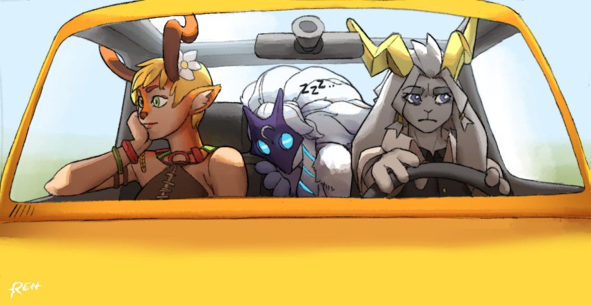 2023 2_horns accessory anthro antlers battlerite blonde_hair blossom_(battlerite) blue_eyes blue_markings bovid brown_antlers button_(fastener) capelet caprine car closed_eyes clothed clothed_anthro clothed_female clothing colored deer digital_drawing_(artwork) digital_media_(artwork) driving ear_markings eyebrows faun female female_anthro floppy_ears flower flower_in_hair frown fur fur_markings goat green_eyes grey_body grey_fur grey_hair group hair hair_accessory hair_ring horn inside_car jackalope kindred_(lol) lagomorph lamb_(lol) league_of_legends leporid lop_ears mammal markings mask orange_body orange_fur plant pseudoregalia rabbit riot_games ruttinren shaded sleeping sound_effects sybil_(pseudoregalia) tan_body tan_fur tencent thick_eyebrows topwear trio vehicle vest vowelless vowelless_sound_effect wearing_mask white_body white_capelet white_fur white_hair wingding_eyes yellow_antlers yellow_car zzz