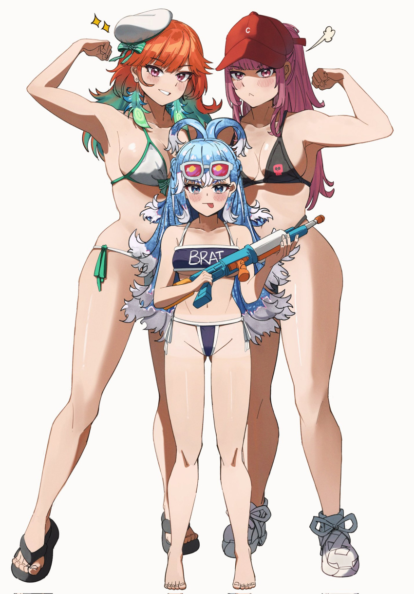 alternate_costume baseball_cap blue_eyes blue_hair blush breasts cleavage colored_tips earrings family father_and_son feather_earrings feathers gradient_hair green_hair hat highres holding holding_water_gun hololive hololive_english hololive_indonesia jewelry kobo_kanaeru large_breasts long_hair looking_at_viewer mori_calliope mother_and_daughter mr_thecatman multicolored_hair multiple_girls navel open_mouth orange_hair pink_hair purple_eyes red_eyes smile split_ponytail swimsuit takanashi_kiara two-tone_hair virtual_youtuber water_gun white_hair yuri