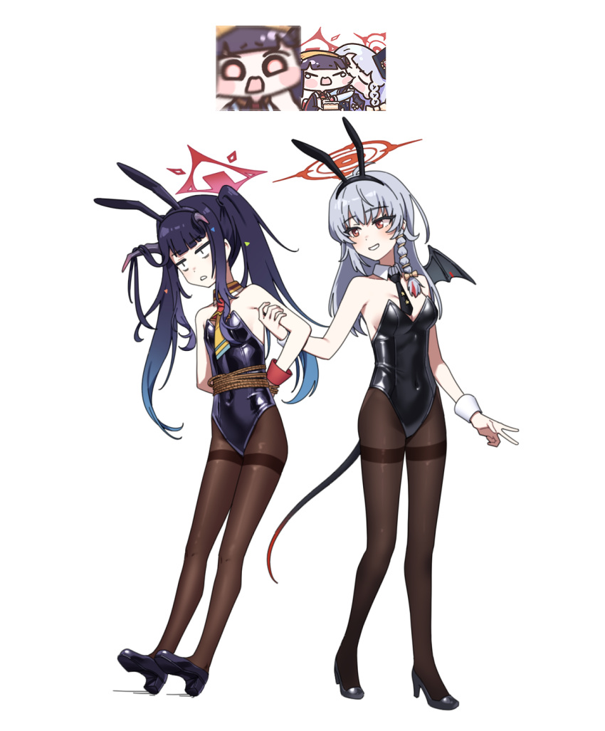 2girls alternate_costume animal_ears arms_behind_back artpatient bare_shoulders black_footwear black_hair black_pantyhose blue_archive blunt_bangs braid breasts covered_navel detached_collar fake_animal_ears full_body fuuka_(blue_archive) grey_hair grin halo haruna_(blue_archive) high_heels highres horns long_hair medium_breasts multiple_girls necktie pantyhose playboy_bunny rabbit_ears red_eyes restrained simple_background single_wing small_breasts smile tail thighband_pantyhose twintails white_background wings wrist_cuffs