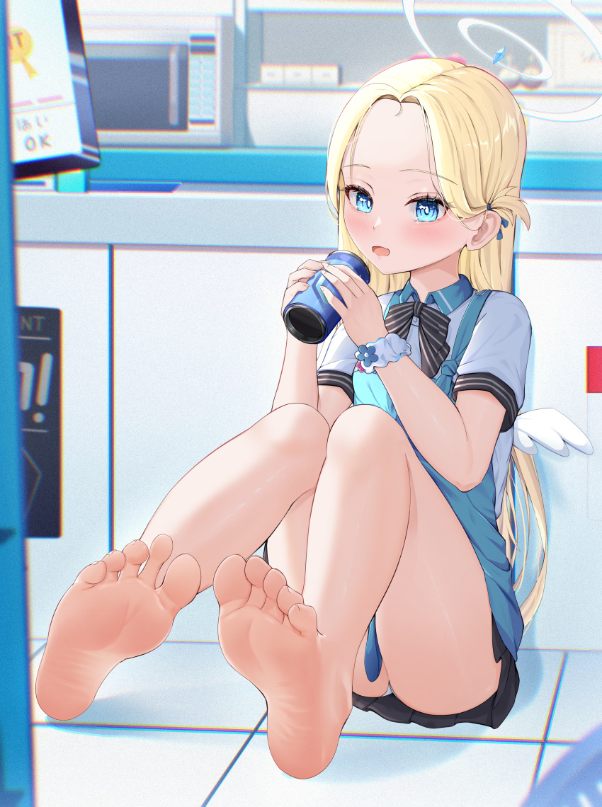 absurdres angel_wings bare_legs barefoot blonde_hair blue_archive blue_eyes blush can drink_can feet female halo highres holding holding_can long_hair open_mouth radoremo soles solo sora_(blue_archive) toes wings wristband