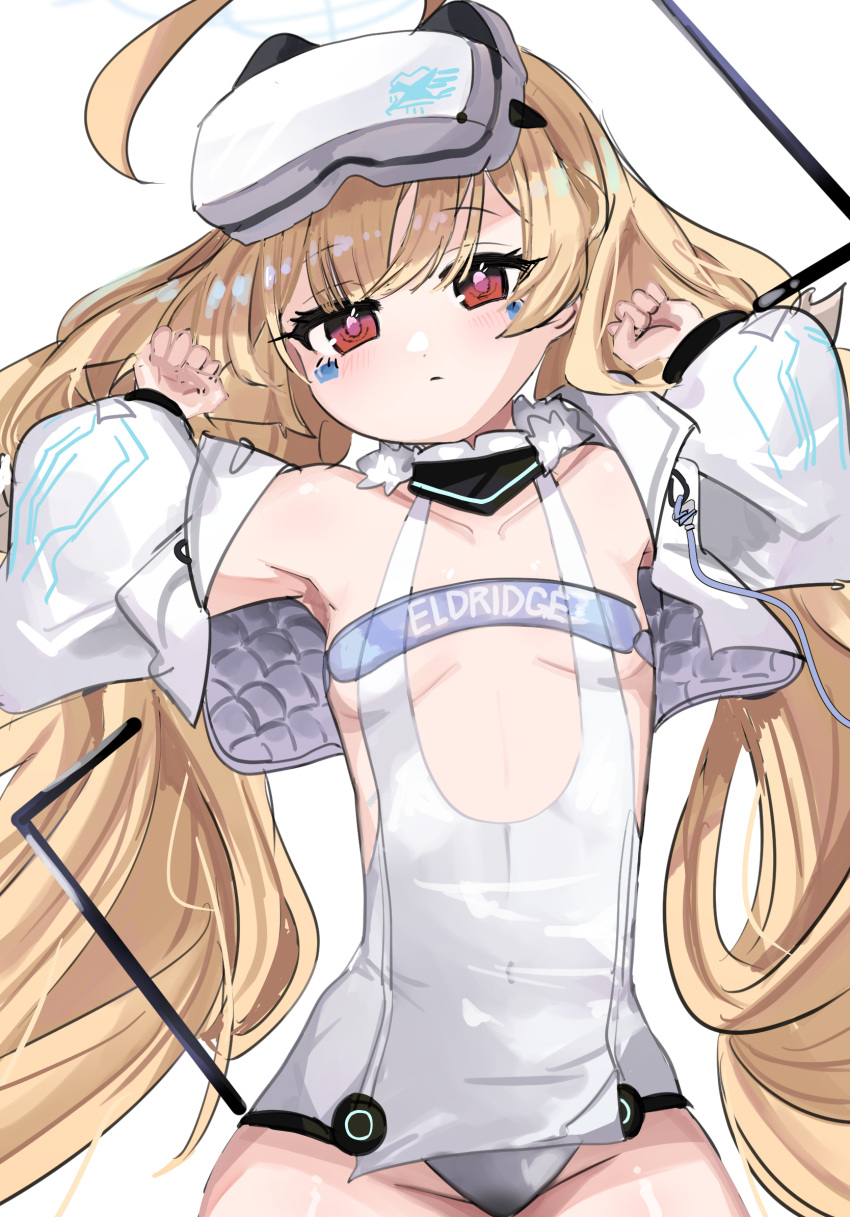 ahoge armpits azur_lane blonde_hair character_name closed_mouth collarbone covered_navel cropped_jacket eldridge_(azur_lane) eldridge_(retrofit)_(azur_lane) facial_mark female flat_chest groin highres jacket long_hair looking_at_viewer low_twintails official_alternate_costume pink_pupils red_eyes simple_background solo tsuchi_(xger4434) twintails very_long_hair white_background white_jacket