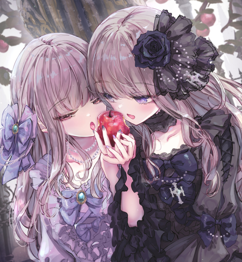 2girls apple apple_tree bitten_apple black_choker black_dress black_flower black_nails black_rose blunt_bangs bow center_frills choker collarbone commentary_request dress dress_bow eating eyelashes flower food food_bite frilled_choker frilled_dress frilled_sleeves frills fruit gothic_lolita hair_flower hair_ornament hairbow half-closed_eyes hand_up highres holding holding_food holding_fruit holding_hands jewelry light_brown_hair lolita_fashion long_hair long_sleeves look-alike looking_at_another missile228 multiple_girls nail_polish necklace open_mouth original outdoors pearl_necklace purple_bow purple_dress purple_eyes purple_nails red_apple red_eyes rose sidelocks tongue tongue_out tree upper_body wide_sleeves