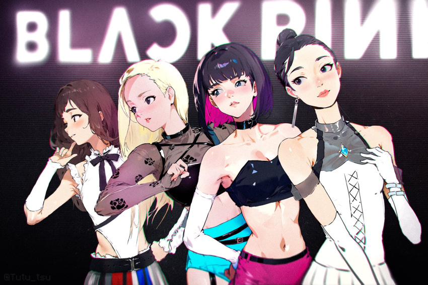 4girls animification arm_warmers bandeau belt black_bandeau black_hair blackpink blonde_hair blunt_bangs bob_cut brown_hair choker cowboy_shot earrings elbow_gloves english_commentary gloves group_name halterneck hand_on_own_hip highres jennie_(blackpink) jewelry jisoo_(blackpink) k-pop light_smile lisa_(blackpink) long_hair looking_to_the_side medium_hair multiple_girls pink_lips ponytail real_life rose_(blackpink) short_hair short_shorts shorts single_arm_warmer tutu_tsu white_gloves