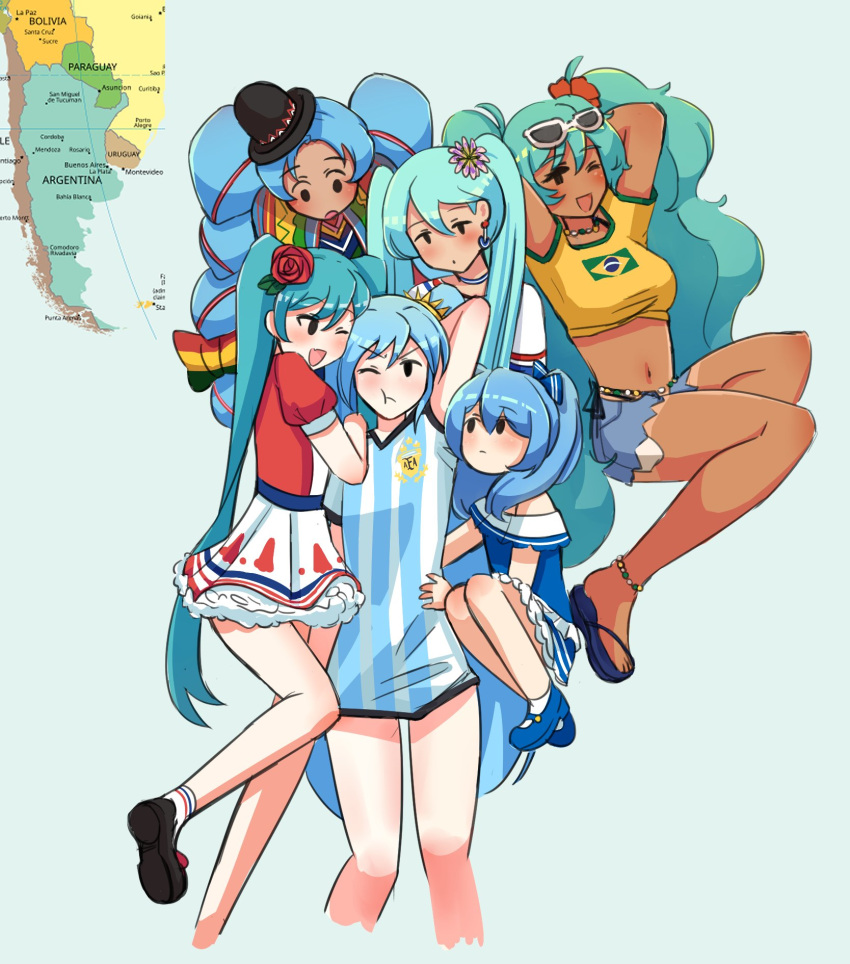 6+girls :t argentina black_hat blue_dress blue_hair blue_shorts blush bolivia brazil brazilian_miku breasts chile closed_mouth commentary_request dark-skinned_female dark_skin dress expressionless eyewear_on_head flat_chest flower frilled_skirt frills frown full_body hat hatsune_miku highres hug long_hair looking_at_another looking_at_viewer map medium_bangs medium_breasts midriff mogemochi multiple_girls multiple_persona navel no_sclera off-shoulder_dress off_shoulder one_eye_closed open_mouth paraguay portuguese_commentary pout red_flower red_rose red_shirt rose shirt shorts skirt smile soccer_uniform sportswear sunglasses tan twintails uruguay vocaloid white-framed_eyewear white_skirt yellow_shirt