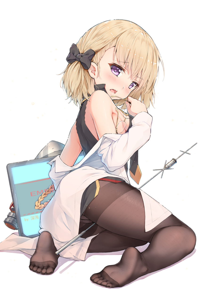 arm_behind_back arm_support ass azur_lane bare_shoulders black_bow black_dress black_pantyhose blonde_hair blush bow breasts clothes_pull coat dress embarrassed female from_side full_body hair_over_one_eye hairbow hand_up highres jacket jacket_pull lab_coat legs looking_at_viewer looking_back medium_breasts medium_hair open_mouth pantyhose purple_eyes rigging shenhai_(2556146833) sideboob sitting sleeveless sleeveless_dress small_breasts solo thighs wavy_mouth white_coat z23_(azur_lane) z23_(philosophy_sensei)_(azur_lane)