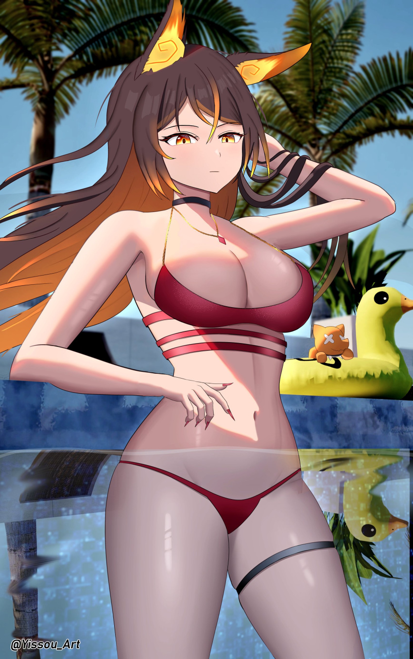 absurdres bikini blush breasts female highres indie_virtual_youtuber large_breasts long_hair looking_at_viewer orange_fire pool sinder_(vtuber) smile solo swimsuit wolf_girl yissou_art