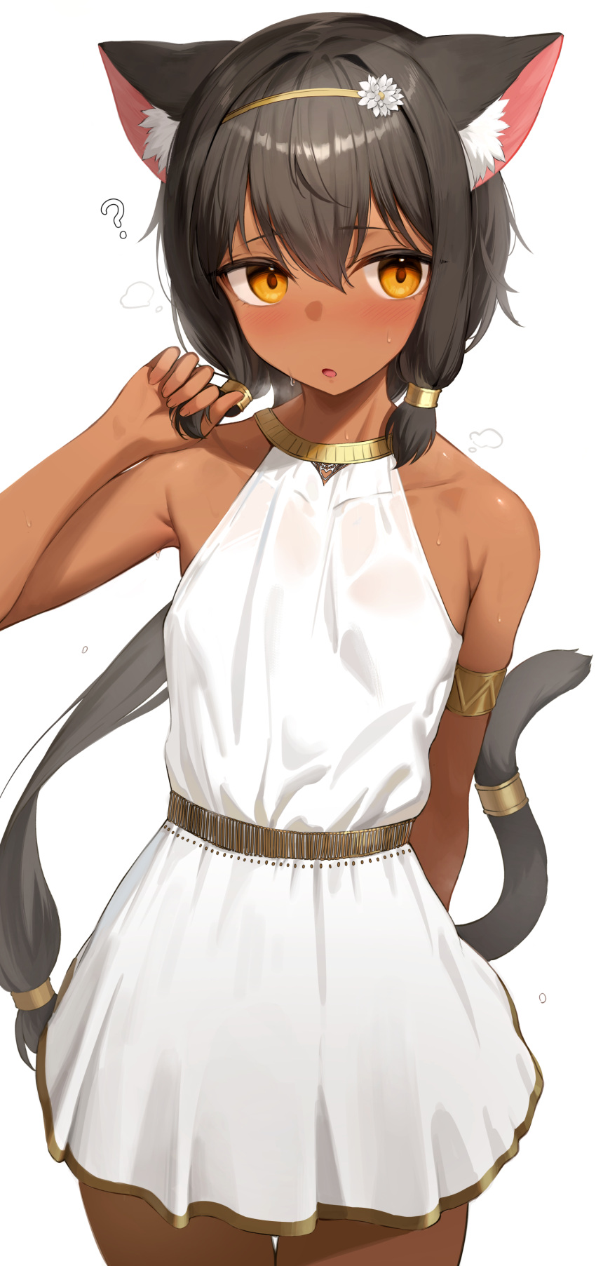 ? absurdres animal_ear_fluff animal_ears black_hair blush brown_eyes cat_ears cat_tail cowboy_shot dark-skinned_female dark_skin dress female hair_rings highres holding holding_own_hair long_hair mathew_(srmmk_mce) original simple_background sleeveless sleeveless_dress solo standing sweat tail very_long_hair white_dress