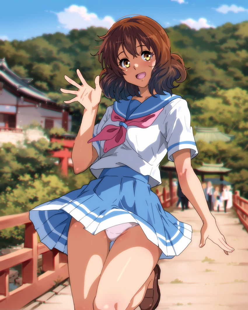 6+others :d architecture blue_sailor_collar blurry blurry_background bridge brown_hair east_asian_architecture female hibike!_euphonium highres kitauji_high_school_uniform looking_at_viewer medium_hair multiple_others neckerchief oumae_kumiko outdoors panties pantyshot pink_neckerchief pleated_skirt river sailor_collar sbel02 school_uniform serafuku shirt short_sleeves skirt smile solo_focus two-tone_skirt underwear waving white_panties white_shirt white_skirt wooden_bridge