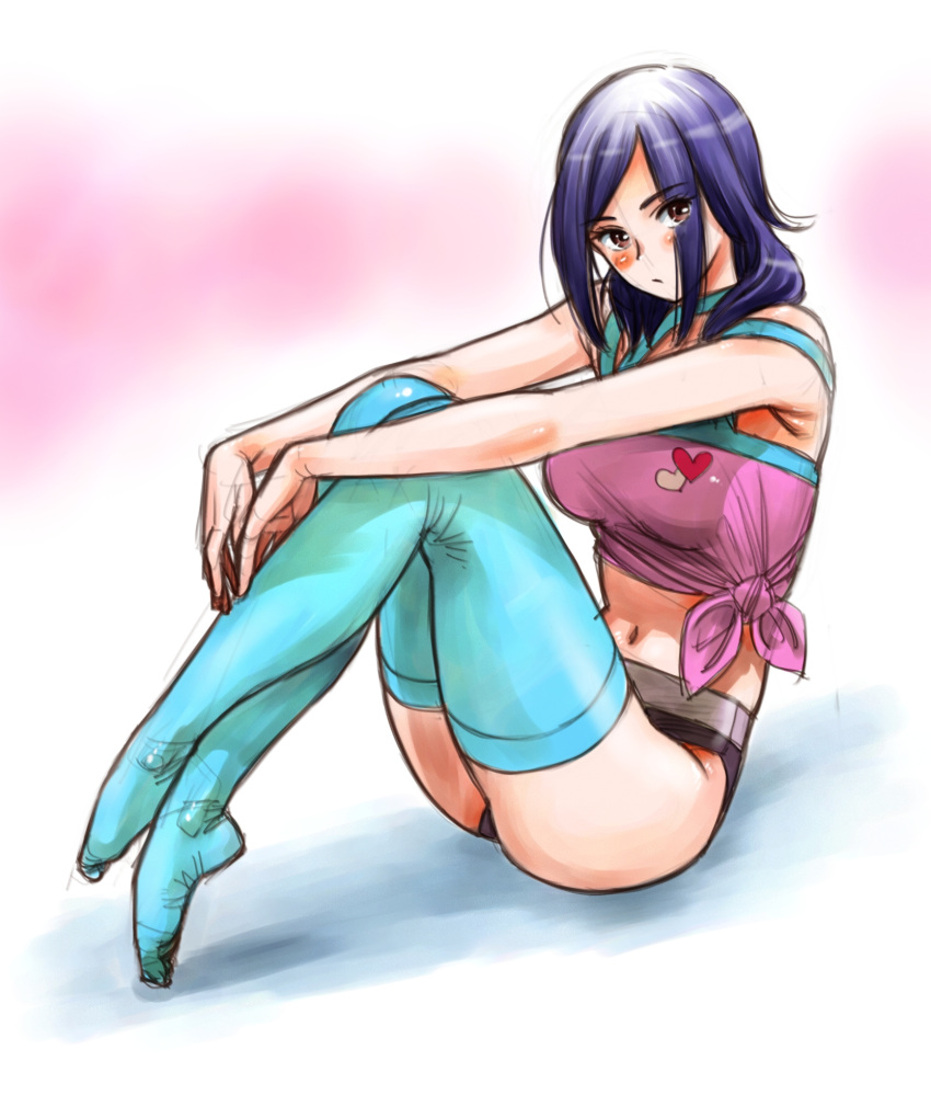 black_panties blue_thighhighs commentary female fresh_precure! full_body hands_on_own_knees heart heart_print higashi_setsuna highres kogawa_masayoshi long_hair looking_at_viewer midriff navel no_shoes own_hands_together panties pink_shirt precure print_shirt purple_hair shirt sitting solo thighhighs tied_shirt underwear