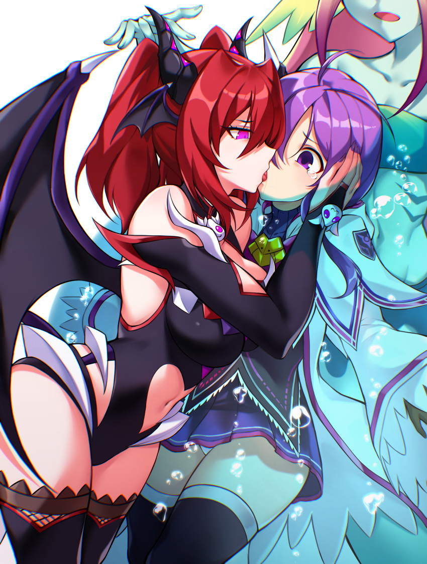 3girls absurdres aisha_landar bat_wings black_horns black_leotard black_shirt black_thighhighs bridal_gauntlets clothing_cutout colored_skin commentary_request commission crying crying_with_eyes_open elemental_master_(elsword) elsword french_kiss green_skin head_wings heart_cutout highres horns jacket jo_an karis_(elsword) kissing laguz_(elsword) leotard long_hair long_sleeves looking_at_another multiple_girls navel_cutout open_mouth panties partially_submerged pink_eyes pixiv_commission pleated_skirt purple_eyes purple_hair purple_skirt red_hair shirt skirt tears thighhighs tongue tongue_out underwear white_jacket white_panties wide_sleeves wings yuri