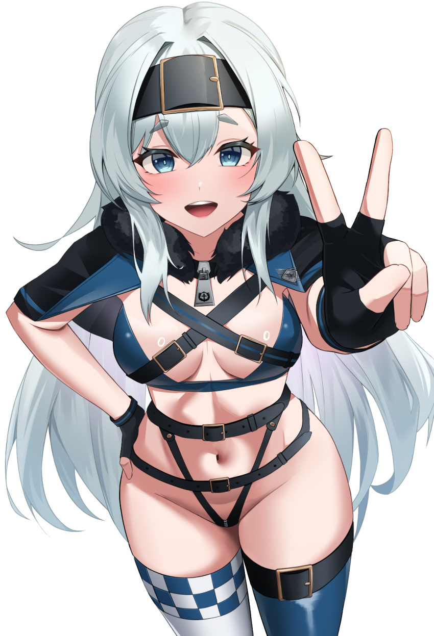 :d asymmetrical_legwear azur_lane belt bikini black_belt black_bikini black_gloves blue_bikini blue_capelet blue_eyes blue_thighhighs bon_homme_richard_(azur_lane) borrowed_design breasts capelet cleavage commentary commission cowboy_shot female fingerless_gloves fur-trimmed_capelet fur_trim gloves grey_hair groin hair_belt hair_between_eyes hand_on_own_hip highleg highleg_bikini highres long_hair looking_at_viewer medium_breasts mismatched_legwear navel open_mouth pixiv_commission race_queen revealing_clothes sidelocks simple_background skindentation smile solo standing stomach swimsuit teeth thick_eyebrows thighhighs upper_teeth_only v very_long_hair white_background white_thighhighs wynnblue zipper_pull_tab