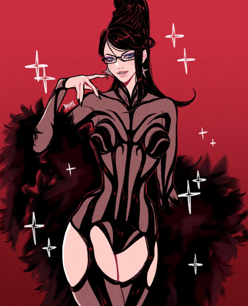 bayonetta bayonetta_(series) bayonetta_1 black_hair black_thighhighs bodystocking breasts coat earrings female fur_coat glasses highres jewelry large_breasts looking_at_viewer red_background sodabulan solo star_(symbol) star_earrings thighhighs