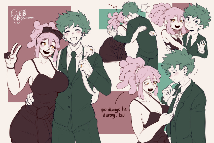 1boy absurdres alternate_costume artist_name backpack bag black_shirt blush boku_no_hero_academia breasts cleavage collared_shirt couple english_text erusensei female formal freckles gloves green_jacket green_necktie green_pants grin hand_up hatsume_mei highres hug husband_and_wife jacket jewelry kissing large_breasts midoriya_izuku necktie orange_eyes pants ring shirt smile straight teeth tying_necktie v white_background