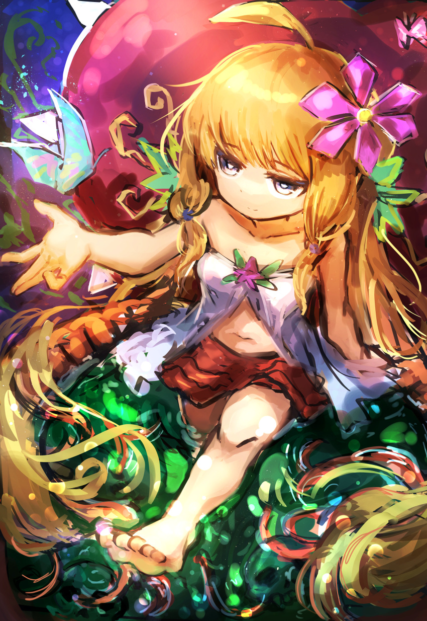 absurdres ahoge barefoot blonde_hair bug butterfly duel_monster female flower-shaped_hair hatano_kiyoshi highres navel solo traptrix_nepenthes yu-gi-oh!