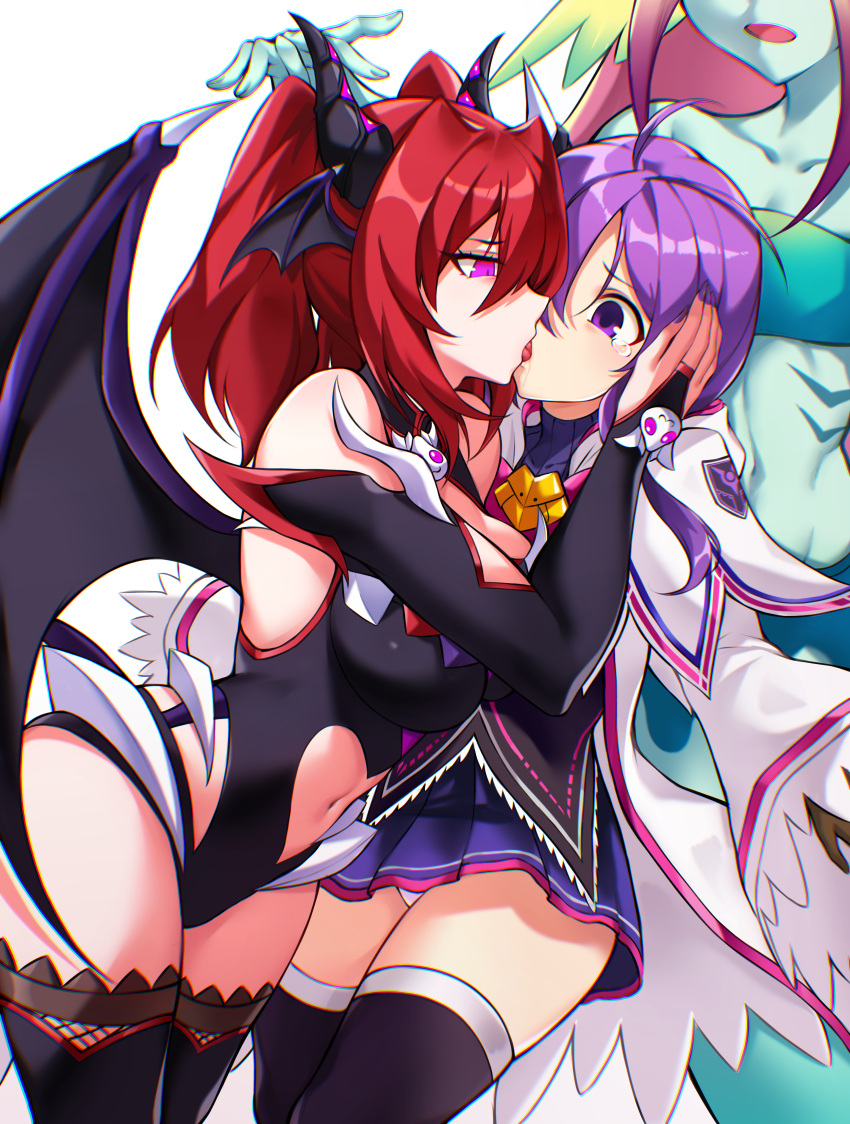 3girls absurdres aisha_landar bat_wings black_horns black_leotard black_shirt black_thighhighs bridal_gauntlets clothing_cutout colored_skin commentary_request commission crying crying_with_eyes_open elemental_master_(elsword) elsword french_kiss green_skin head_wings heart_cutout highres horns jacket jo_an karis_(elsword) kissing laguz_(elsword) leotard long_hair long_sleeves looking_at_another multiple_girls navel_cutout open_mouth panties pink_eyes pixiv_commission pleated_skirt purple_eyes purple_hair purple_skirt red_hair shirt skirt tears thighhighs tongue tongue_out underwear white_jacket white_panties wide_sleeves wings yuri