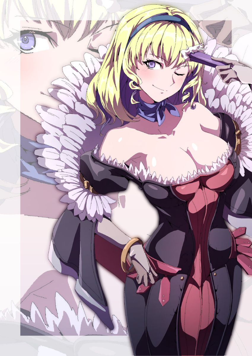 absurdres bare_shoulders blonde_hair blue_hairband breasts bridal_gauntlets cleavage closed_mouth constance_von_nuvelle curly_hair dress drill_hair drill_sidelocks feather_trim feathers female fire_emblem fire_emblem:_three_houses fire_emblem_warriors:_three_hopes hairband hand_fan hand_on_own_hip highres looking_at_viewer off-shoulder_dress off_shoulder official_alternate_costume official_alternate_hairstyle one_eye_closed purple_eyes scarf sidelocks smile standing to_(tototo_tk)