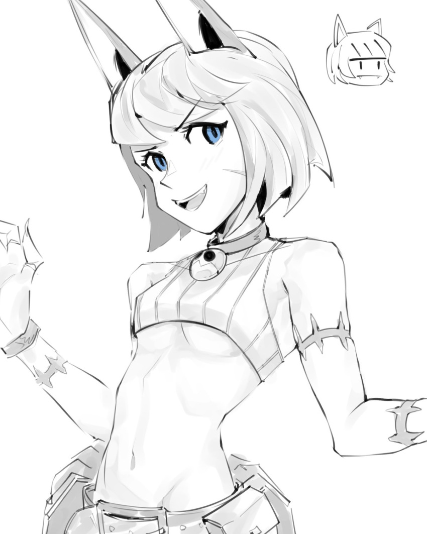 animal_ears belt belt_buckle belt_pouch blue_eyes breasts buckle cat_ears cat_girl collar commentary crop_top female fujimna highres looking_to_the_side medium_hair ms._fortune_(skullgirls) navel open_mouth partially_colored pouch scar simple_background skullgirls small_breasts smile solo_focus underboob unfinished