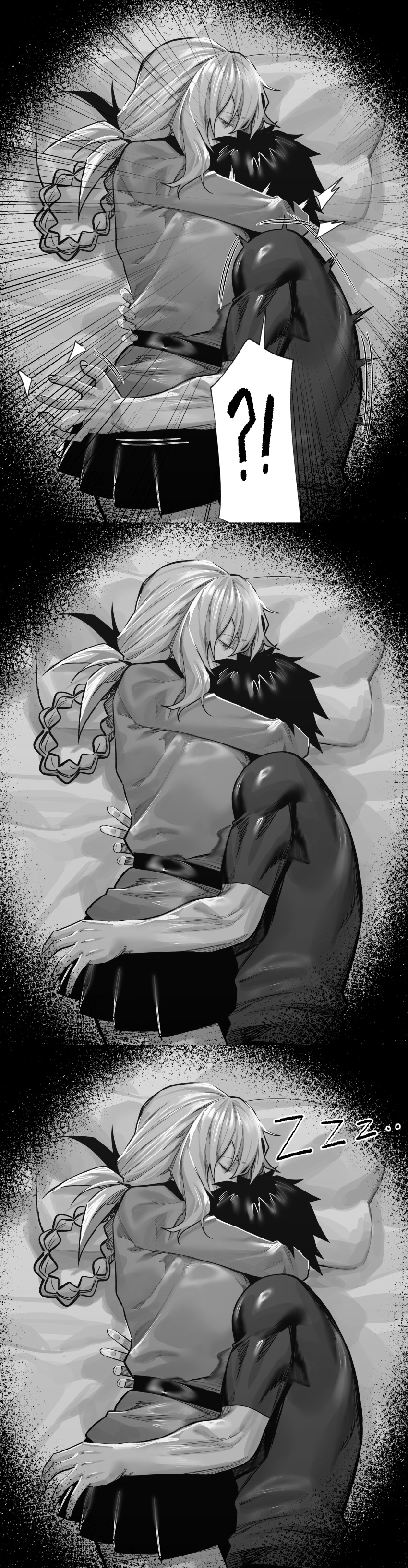 1boy absurdres bed_sheet braid breasts fate/grand_order fate_(series) female florence_nightingale_(fate) fujimaru_ritsuka_(male) greyscale highres hug hxd large_breasts lying medium_hair monochrome on_side pillow pleated_skirt short_hair skirt sleeping straight zzz