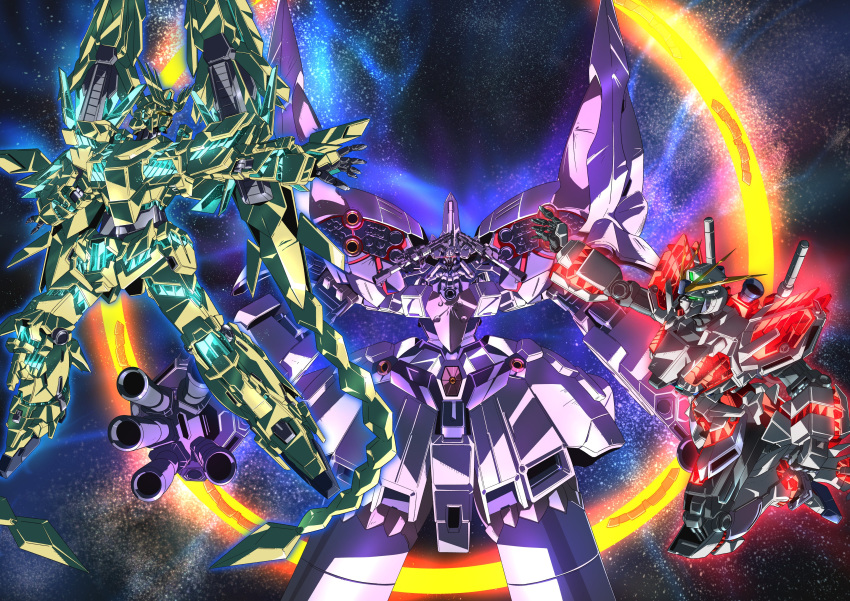 absurdres bazooka_(gundam) clenched_hand dual_wielding flying glowing glowing_eyes green_eyes gun gundam gundam_narrative highres holding holding_gun holding_weapon ii_neo_zeong looking_down looking_up mecha narrative_gundam narrative_gundam_c-packs nt-d open_hands red_eyes robot science_fiction sinanju_stein space tyuuboutyauyo unicorn_gundam_phenex v-fin weapon yellow_eyes zeon