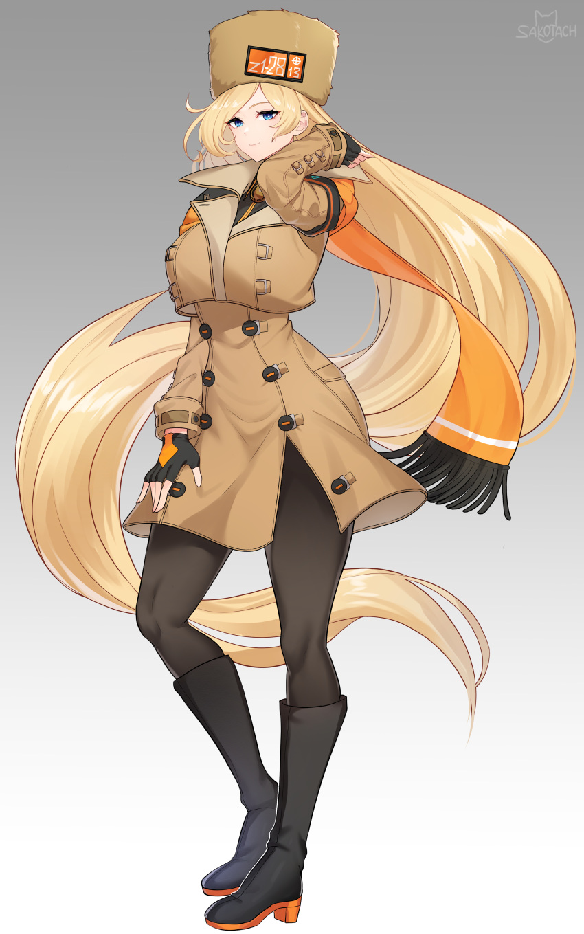 absurdly_long_hair absurdres black_footwear black_gloves black_pantyhose blonde_hair blue_eyes boots brown_dress brown_hat brown_jacket cropped_jacket dress female fingerless_gloves floating_hair full_body fur_hat gloves gradient_background guilty_gear guilty_gear_strive hat high_heel_boots high_heels highres jacket kneehighs light_smile long_hair long_sleeves looking_at_viewer millia_rage orange_scarf pantyhose sakotach scarf socks solo standing ushanka very_long_hair