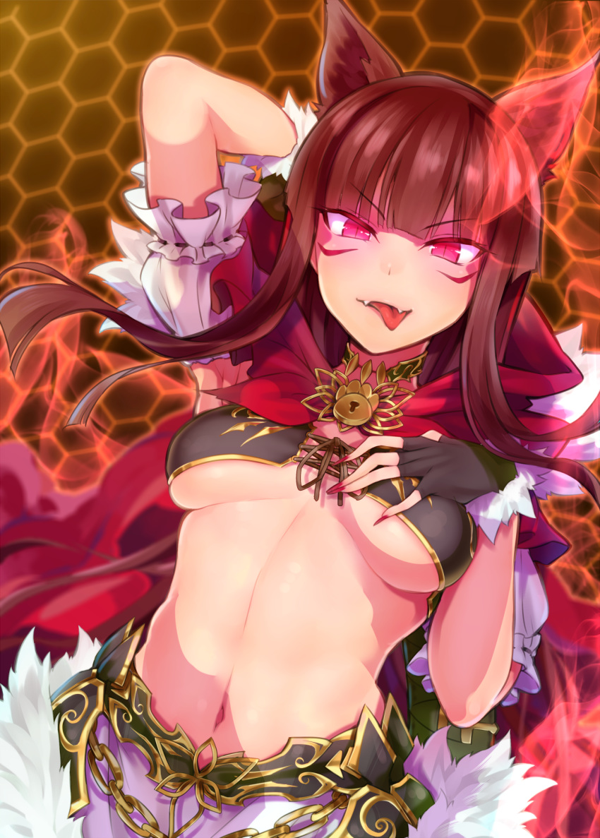 amo_takumi animal_ears arm_behind_head arms_up blunt_bangs breasts breasts_apart brown_hair capelet facial_mark fangs female fingerless_gloves fingernails frills fur_trim gloves glowing glowing_eyes hand_on_own_chest hexagon highres hime_cut honeycomb_(pattern) honeycomb_background hood kureha_(666)_(sound_voltex) kureha_(sound_voltex) long_fingernails long_hair looking_at_viewer medium_breasts midriff navel oerba_yun_fang pink_eyes ribbon_trim sidelocks slit_pupils solo sound_voltex stomach tongue tongue_out underboob v-shaped_eyebrows wolf_ears