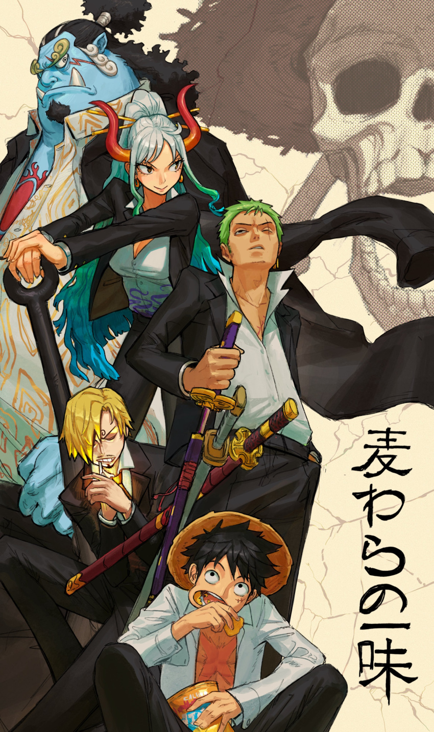 4boys absurdres black_hair blue_skin brook_(one_piece) chest_tattoo chips_(food) colored_skin commentary curly_eyebrows drawing_sword edpan female fighting_stance fish_boy food formal hat highres holding holding_sword holding_weapon horns jinbe_(one_piece) katana lighting_cigarette monkey_d._luffy multiple_boys one_piece oni potato_chips ready_to_draw roronoa_zoro sanji_(one_piece) scar scar_across_eye short_hair skull straw_hat suit sword tattoo translated weapon yamato_(one_piece)