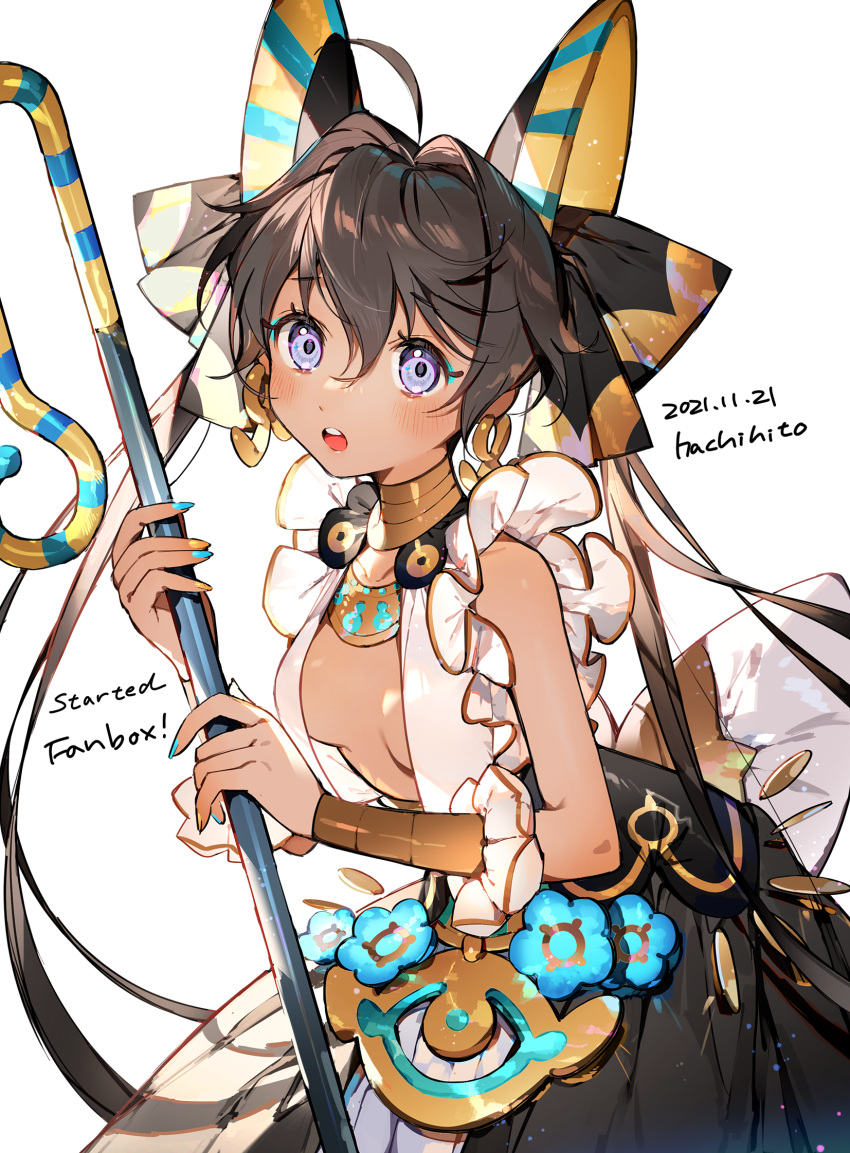 ahoge artist_name bastet_(mythology) breasts cleavage dark_skin dated egyptian egyptian_mythology english_text female hachihito highres long_hair looking_at_viewer medium_breasts open_mouth original purple_eyes simple_background solo staff tan teeth twintails upper_teeth_only very_long_hair white_background