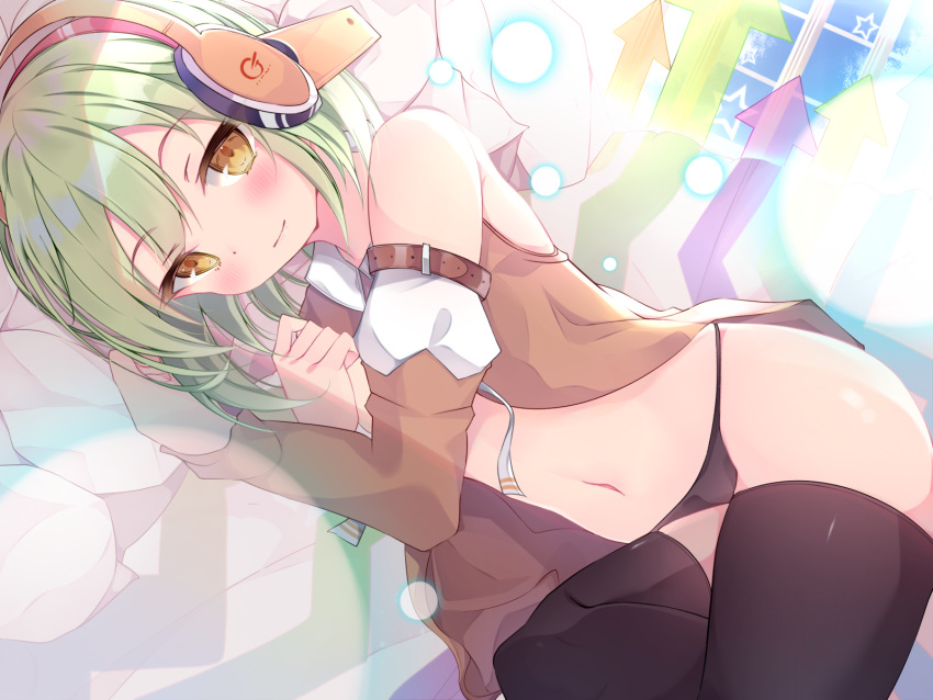 arrow_(symbol) bare_shoulders black_legwear black_panties blush brown_eyes brown_vest chunithm closed_mouth detached_sleeves dutch_angle female green_hair hair_between_eyes headphones highres kneehighs looking_at_viewer lying merun_(merun_i) midriff navel no_pants on_side panties sky_feather_(chunithm) smile socks solo star_(symbol) stomach thighhighs underwear vest window yellow_eyes