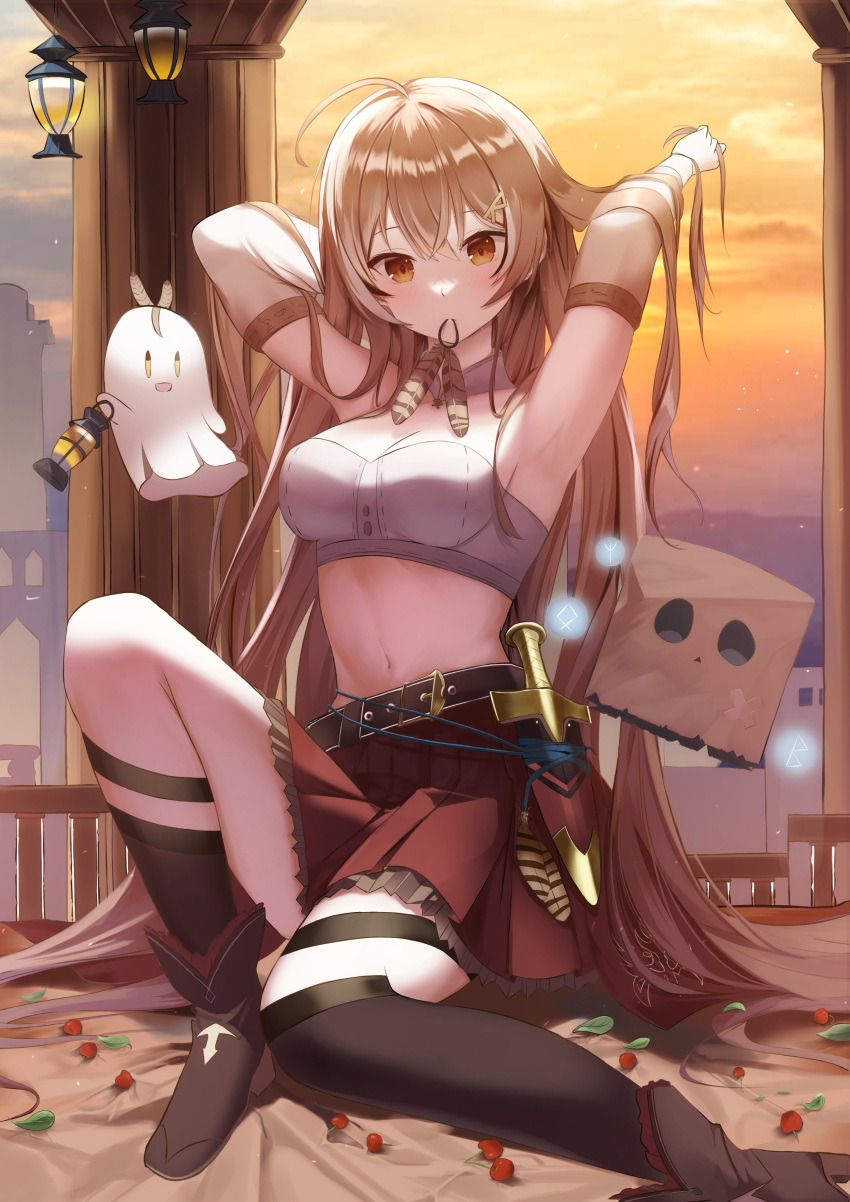 absurdres ahoge armpits belt berry blush boomei_(nanashi_mumei) boots bra brown_eyes brown_hair collar dagger detached_sleeves feather_hair_ornament feathers female finale friend_(nanashi_mumei) ghost hair_ornament hairband hieroglyphics highres hololive hololive_english knife korean_commentary lantern long_hair looking_at_viewer mountain nanashi_mumei orange_sky pillar pleated_skirt railing red_skirt runes skirt sky solo sunset thigh_strap thighhighs tower underwear unworn_hairband virtual_youtuber weapon white_bra white_collar